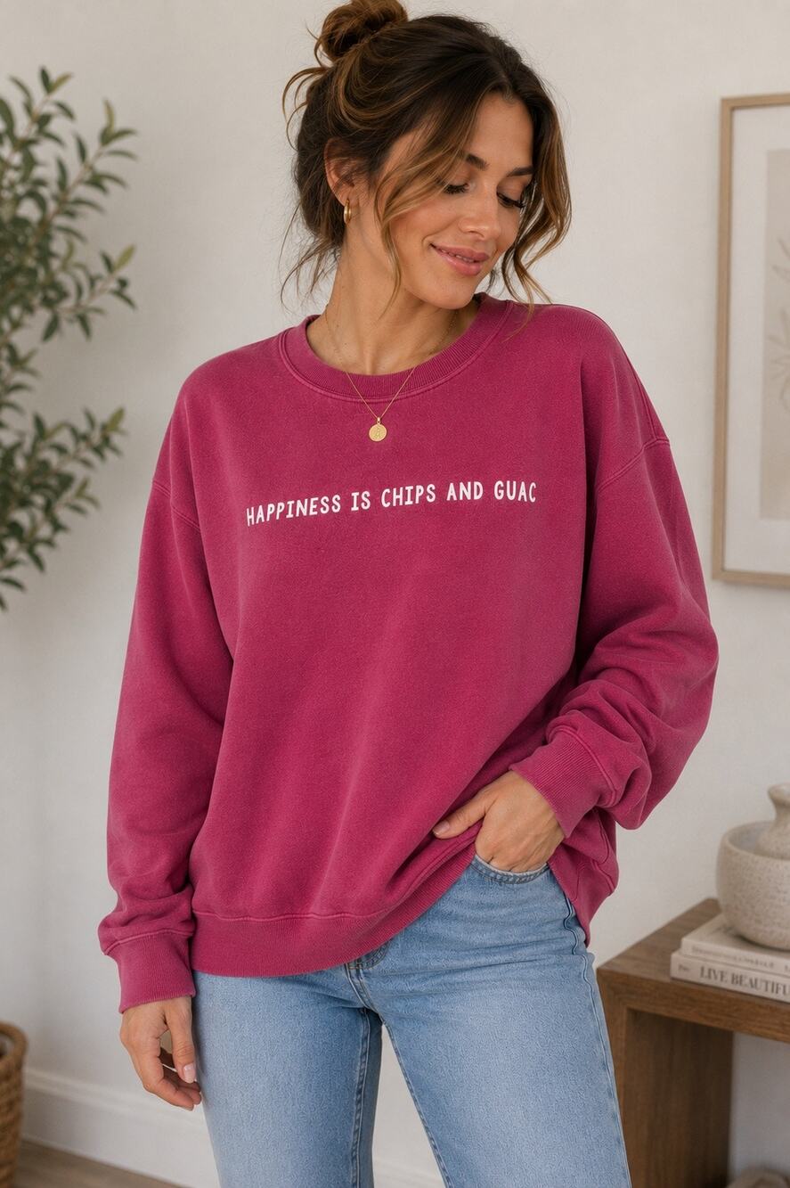 Luciana Happiness Is Chips & Guac Graphic Sweatshirt M Pink Crewneck